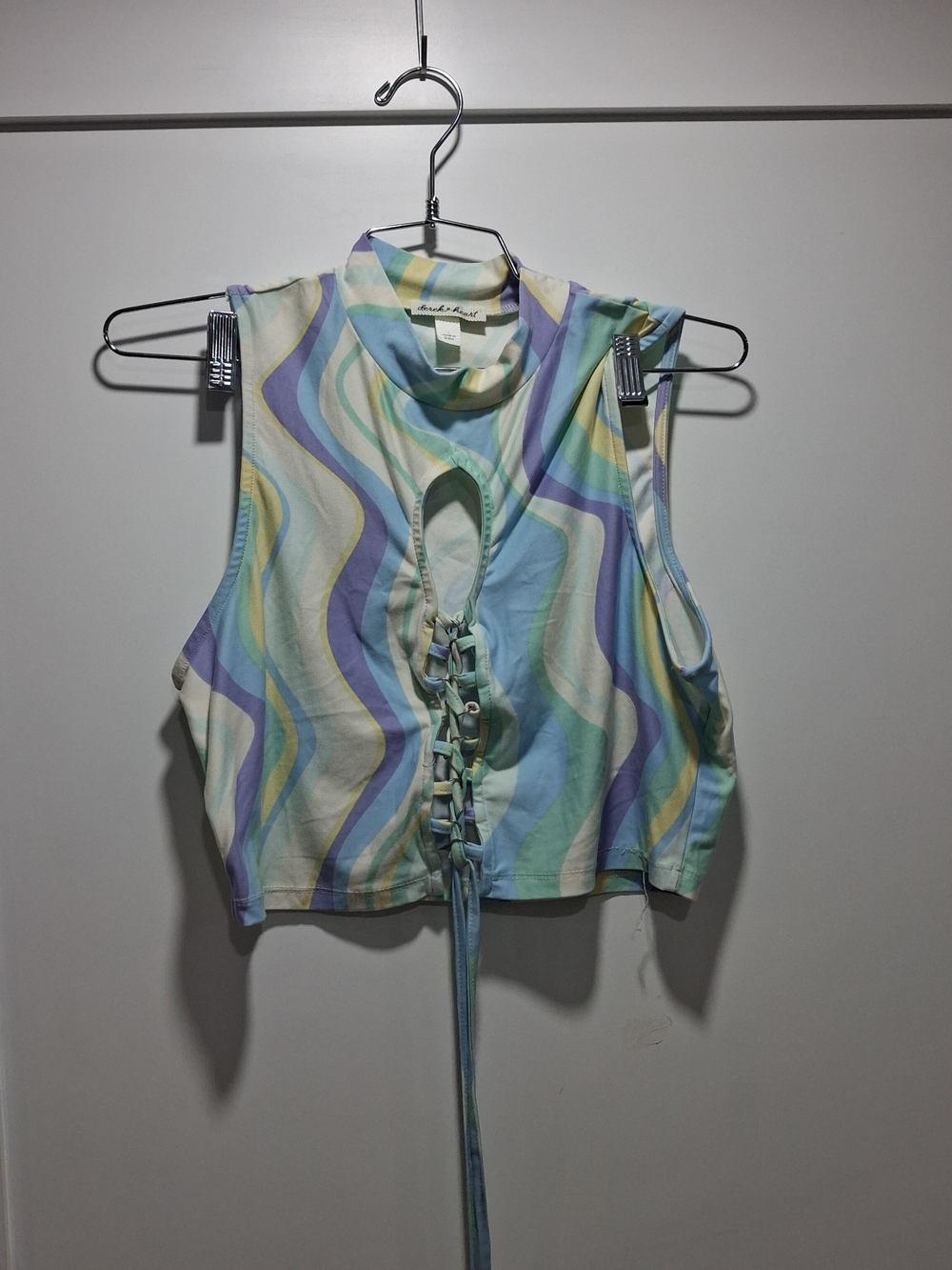Derek Heart Psychedelic Swirl Lace-Up Crop Top L
